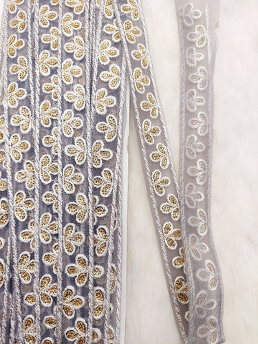 Wholesale Grey Net Lace Floral Embroidery & Glitter Gold Sequins, Indian Wedding Border, Gifting Ribbon Costume Trim Fashion Trimming